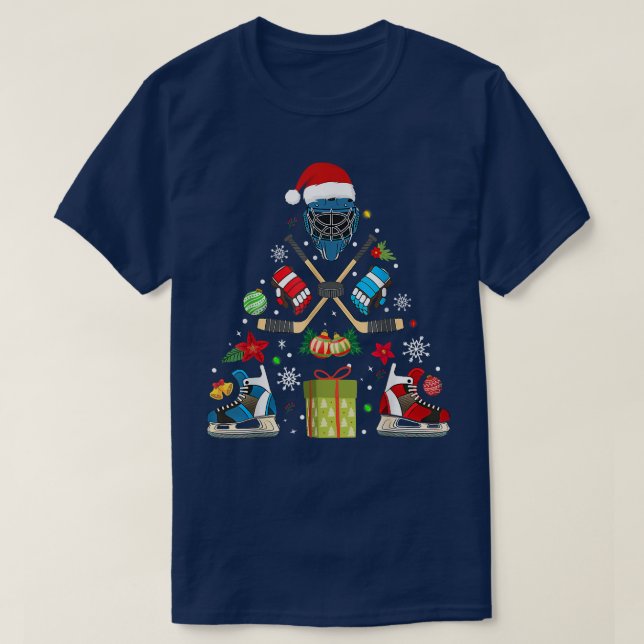 Camiseta Ornamento de Hóquei em Gelo Árvore de Natal Feliz  (Frente do Design)