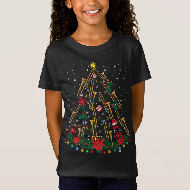 Camiseta Ornamentos de Árvore de Natal Trombone Banda de Mú (Frente)
