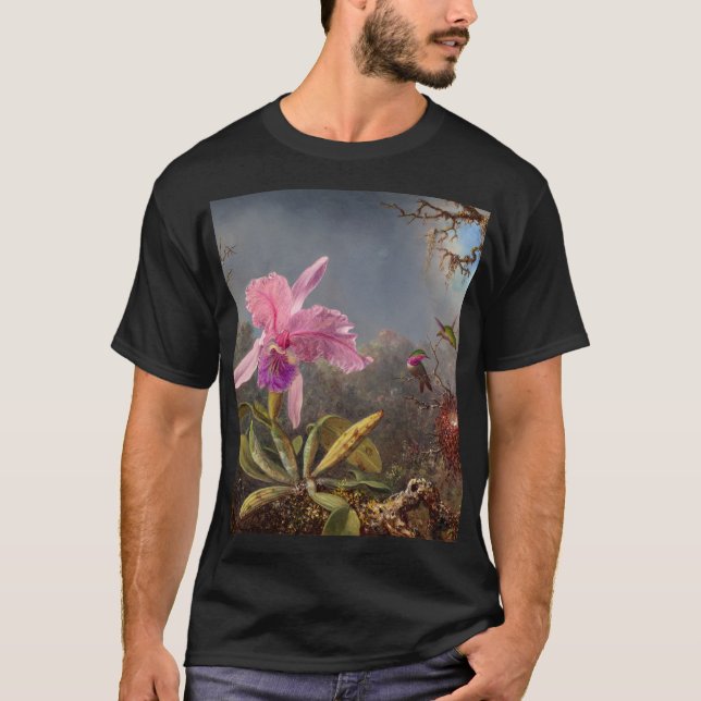 Camiseta Orquídea Cattleya e três beija-flores por Heade (Frente)