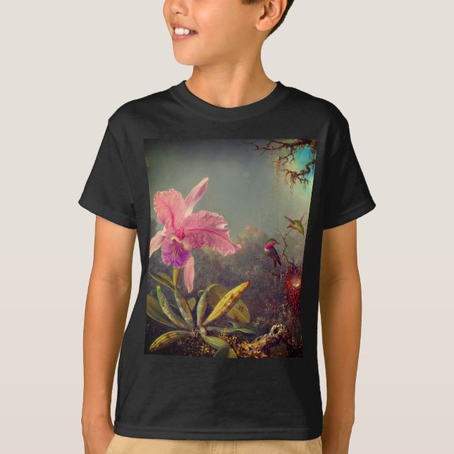 Camiseta Orquídea de Cattleya e três beija-flores (Frente)