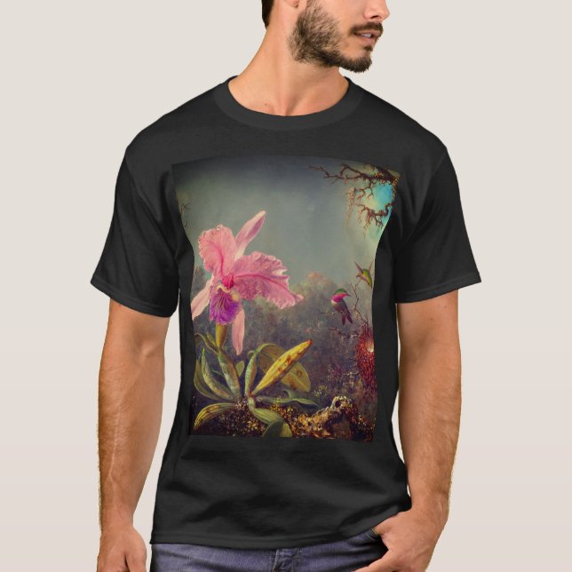 Camiseta Orquídea de Cattleya e três beija-flores (Frente)