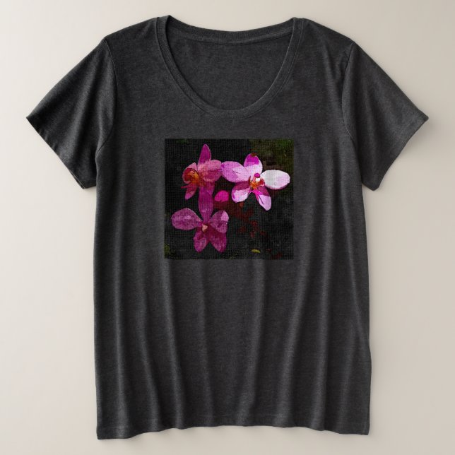 Camiseta Orquídeas Roxas, de tamanho mais feminino (Frente do Design)