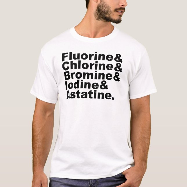 Camiseta Os Cinco Halogênios da Química | Cloro Bromo (Frente)