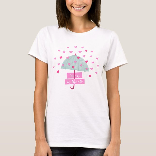 Camiseta Os Corações dos Guarda-chuvas Chuvem Rosa (Frente)