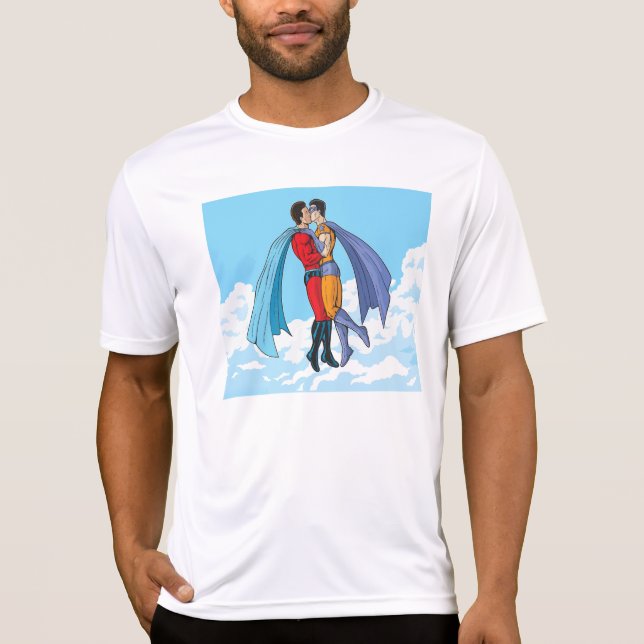 Camiseta Os dois super-heróis do SlipperyJoe beijando o car (Frente)