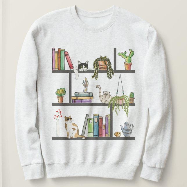 Camiseta Os Gatos Deitados em uma estante, Gato e Livros (Frente do Design)