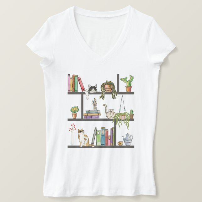 Camiseta Os Gatos Deitados em uma estante, Gato e Livros (Frente do Design)