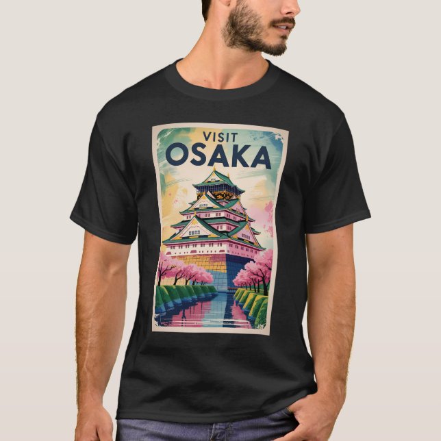 Camiseta Osaka Japan Castle Illustration Travel Art Vintage (Frente)