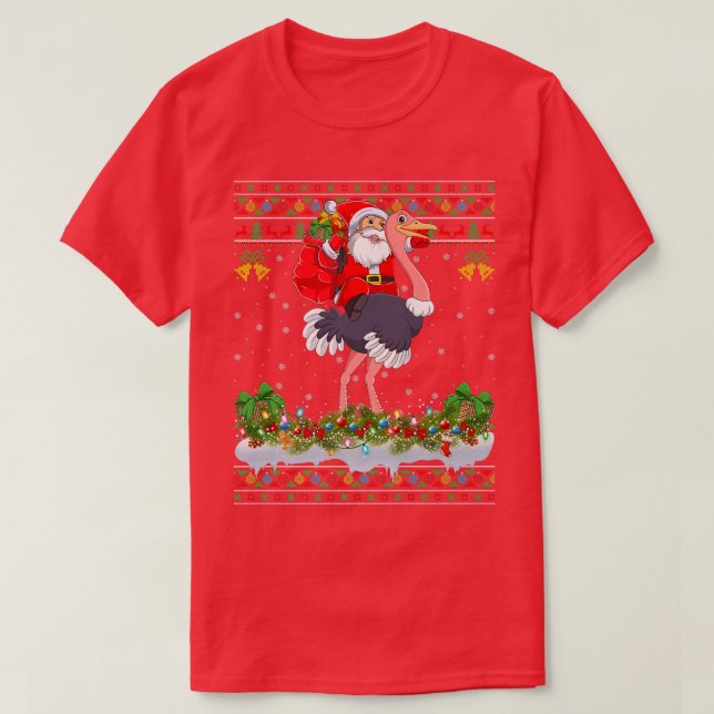 Camiseta Ostrich Bird Xmas Pajama Ugly Santa Riding Ostrich (Frente do Design)