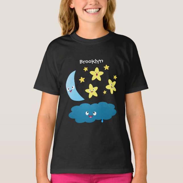 Camiseta Ótimas estrelas cantoras, lua e desenhos em nuvem (Frente)