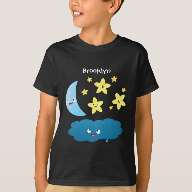 Camiseta Ótimas estrelas cantoras, lua e desenhos em nuvem (Frente)