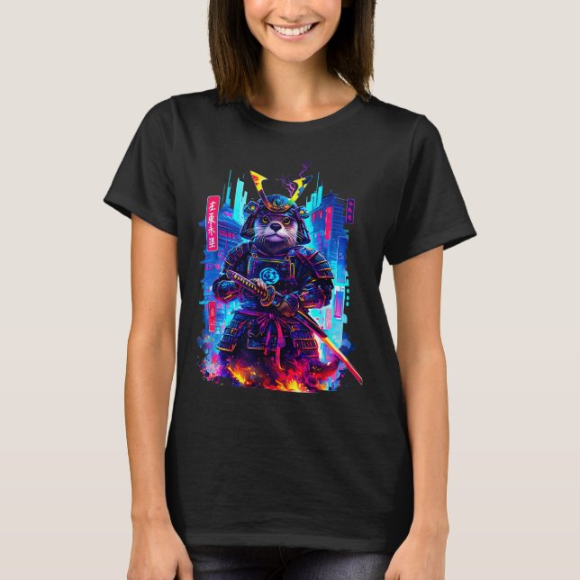 Camiseta Otter Katana Cyberpunk Neon Samurai Japanese Art  (Frente)