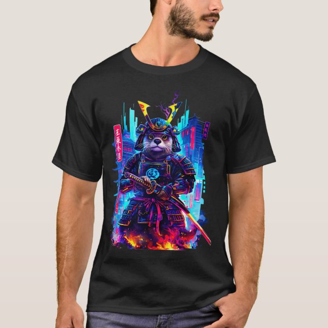 Camiseta Otter Katana Cyberpunk Neon Samurai Japanese Art  (Frente)