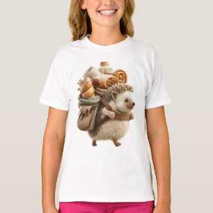 Camiseta ouriço-cacheiro usando uma mochila cheia de pastel