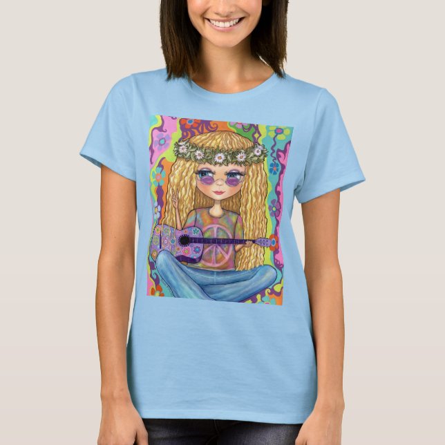 Camiseta Ouro Cabelo Hippie Pintinho Púrpura Guitarra Sinal (Frente)