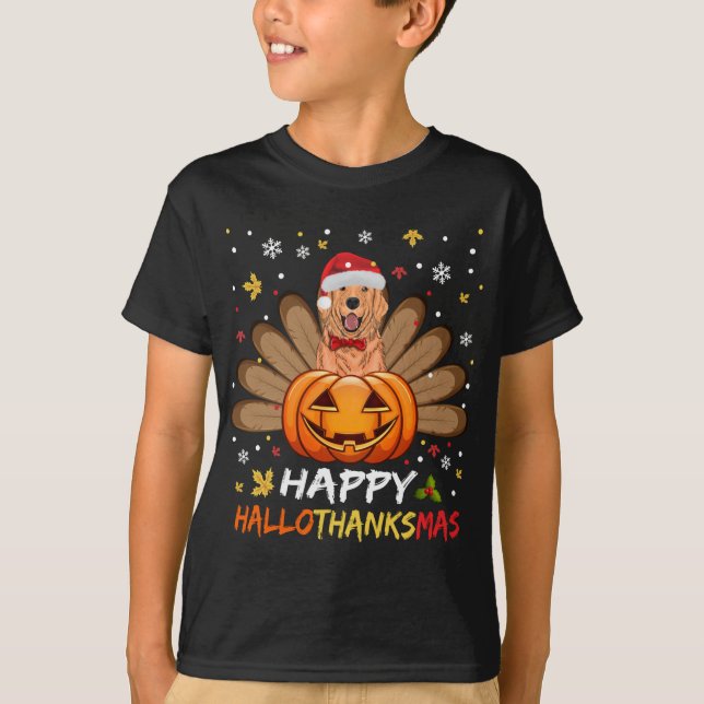 Camiseta Ouro Cão Feliz Hallothanksmas Halloween Thanksgi (Frente)