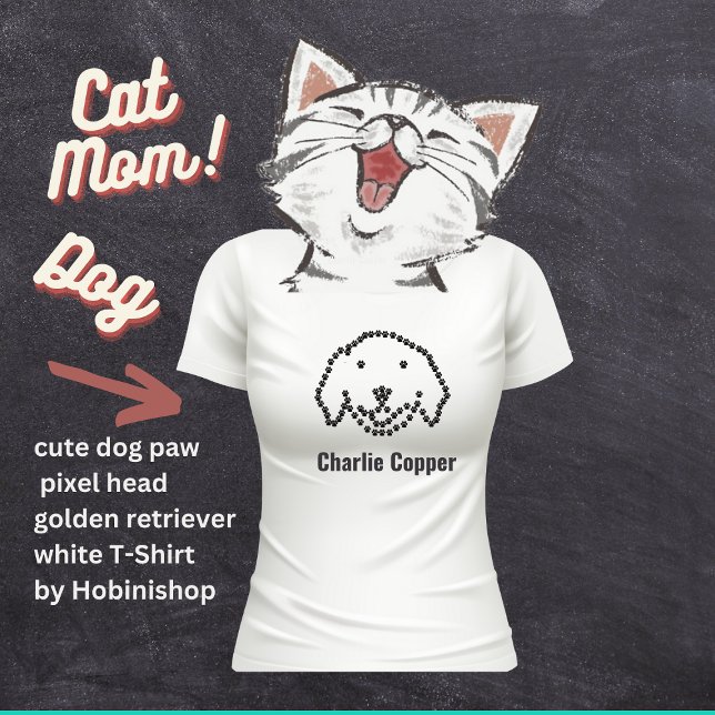 Camiseta ouro de cabeça de píxel de pata de cão giro branco (cute dog paw pixel head of a golden retriever on a white , customizable T-Shirt by Hobinishop)