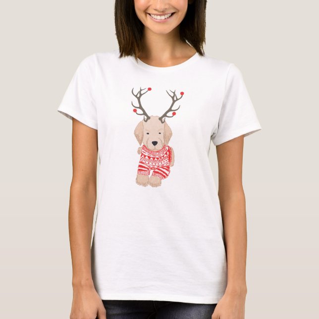 Camiseta Ouro de Natal Retriever Puppy Antlers Sweet (Frente)