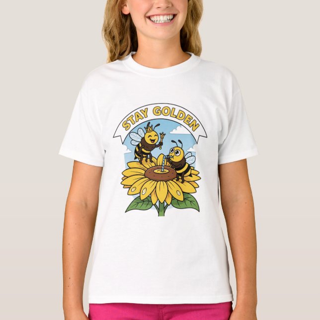 Camiseta Ouro de permanência - Ilustração de abelha e flor (Frente)