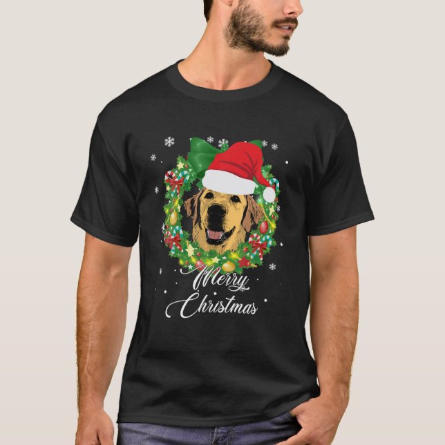 Camiseta Ouro Engraçado Cachorro Neve Árvore de Natal (Frente)