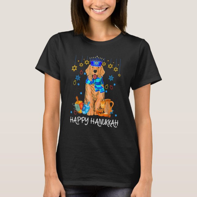 Camiseta Ouro Judeu Bonito Cachorro Menorah Hat Hanuk (Frente)