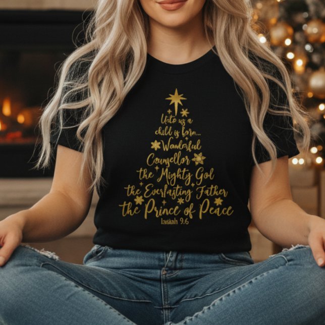 Camiseta Ouro "Para Nós Uma Criança É Nascer" Árvore de Nat (Golden “Unto Us A Child Is Born” shirt — faith, scripture & Christmas joy in one design!)
