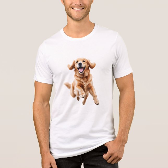 Camiseta Ouro Retriever Feliz Brincadeira Pulando No Ar (Frente)