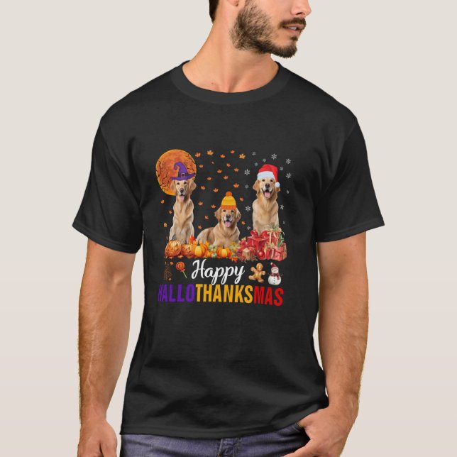 Camiseta Ouro Retriever Hallothanksmas Halloween Thanksgi (Frente)