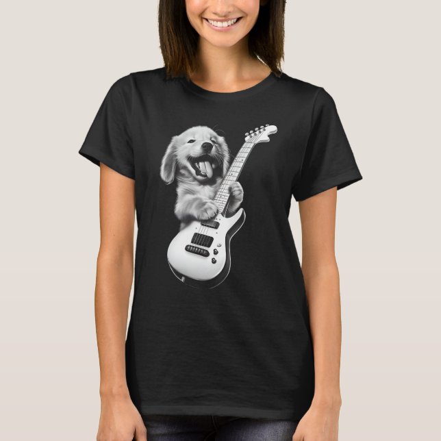 Camiseta Ouro Retriever Puppy Tocando Violão - Engraçado (Frente)