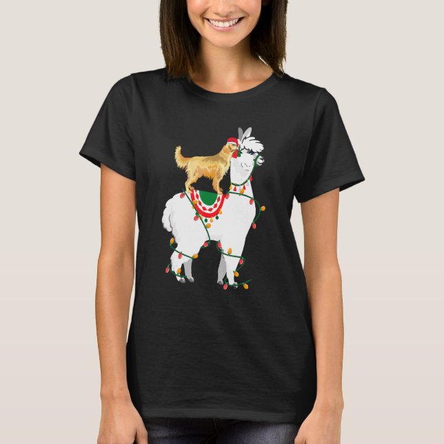 Camiseta Ouro Retriever Riding Llama Luzes Papai noel Crist (Frente)