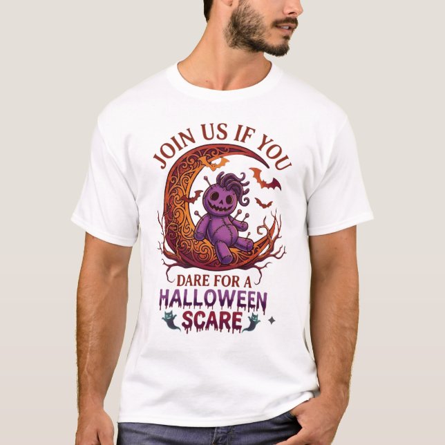 Camiseta Ousar Boneca de Vodu Roxa Lua Crescente de Hallowe (Frente)