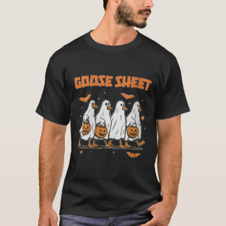 Camiseta Outono de Halloween Feminino Ganso Folha Fantasma 