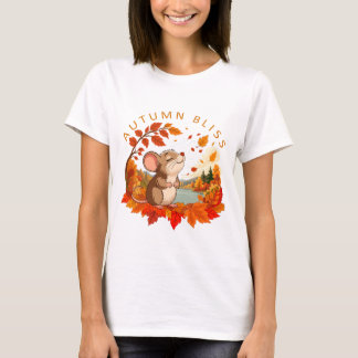 Camiseta Outono Feliz Ratinho Fofo com Folhas de Outono