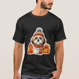 Camiseta Outono Shih Tzu Cachorro Abóbora Folhas Dono Amor