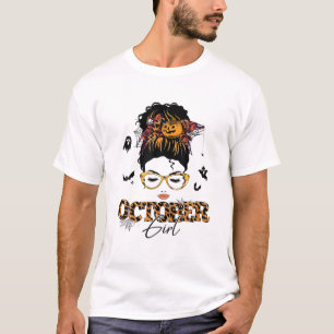 Camiseta Outubro Girl Mensagem Bun Hair Halloween Cos