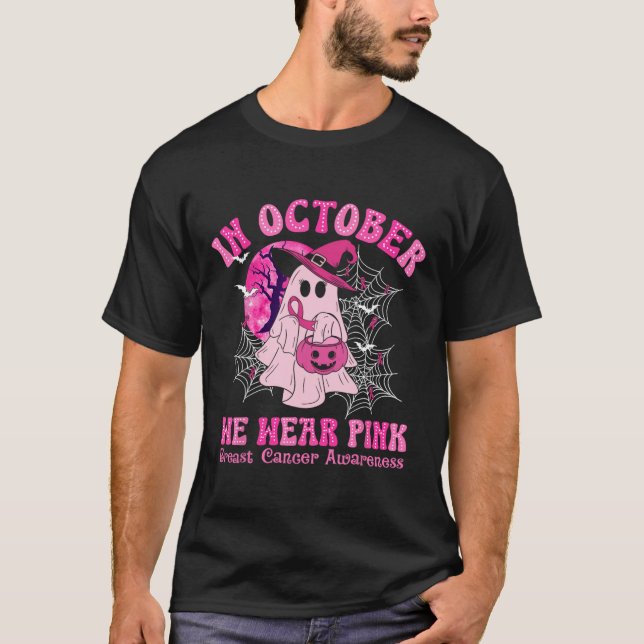 Camiseta Outubro Vestimos mulheres Canceres rosa fantasma (Frente)