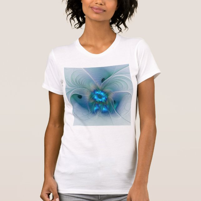 Camiseta Ovações de Pé, Fractal Azul Turquesa Abstrato (Frente)