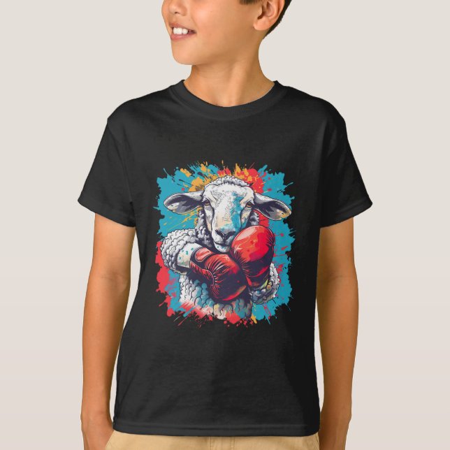 Camiseta Ovelha Boxeando Luvas de Boxe Lamb Kickboxing Engr (Frente)