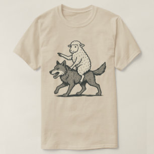 Camiseta Ovelha Engraçada Montando Lobo   Animal Vintage Ún