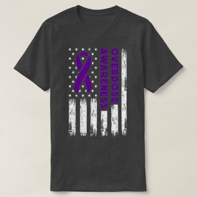 Camiseta Overdose Awareness Flag Purple Ribbon Addiction Re (Frente do Design)
