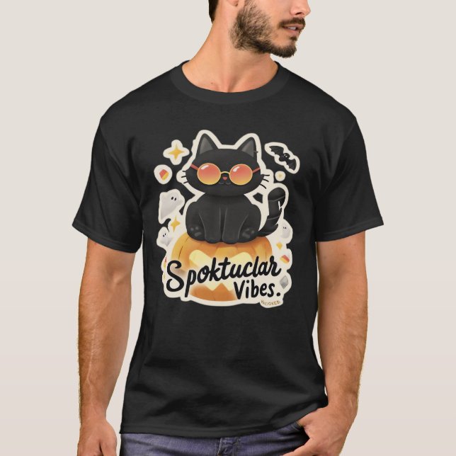 Camiseta Oversized de Halloween de Abóbora Gato Pr (Frente)