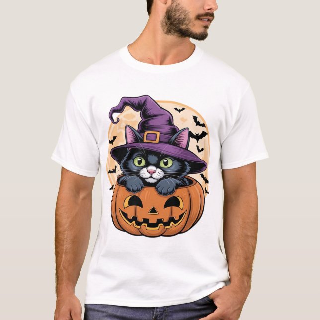Camiseta Oversized Gato Halloween Abóbora Gato Pre (Frente)
