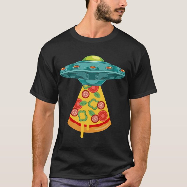 Camiseta OVNI Alienígena Abdução Pizza Rápida Comida em cim (Frente)