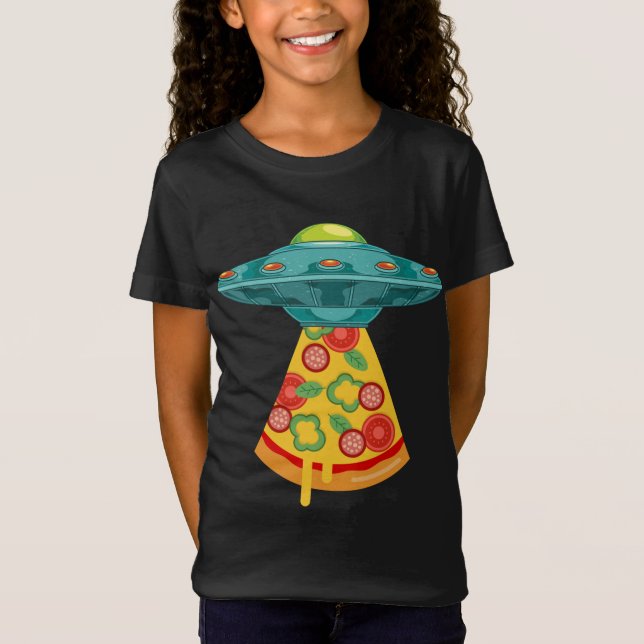 Camiseta OVNI Alienígena Abdução Pizza Rápida Comida em cim (Frente)