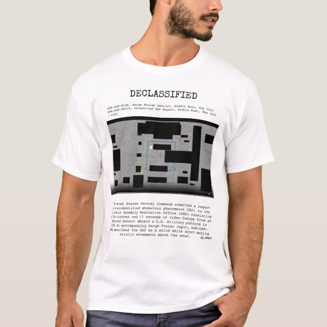 Camiseta ÓVNI - Desclassificado DOW-UAP-PR036,UAP,M.ORIENTE (Frente)