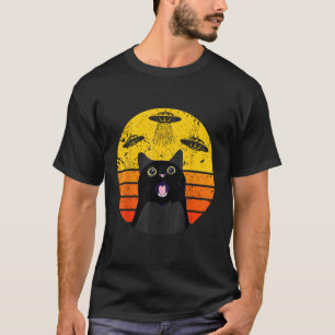 Camiseta OVNI Gato Alien para Homens Divertido Gato Preto E