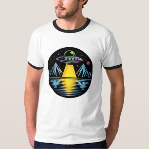 Camiseta OVNI retrô nas montanhas refletindo na água