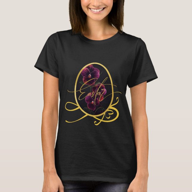 Camiseta Ovo de Páscoa Dourado com Íris Roxa Elegante (Frente)