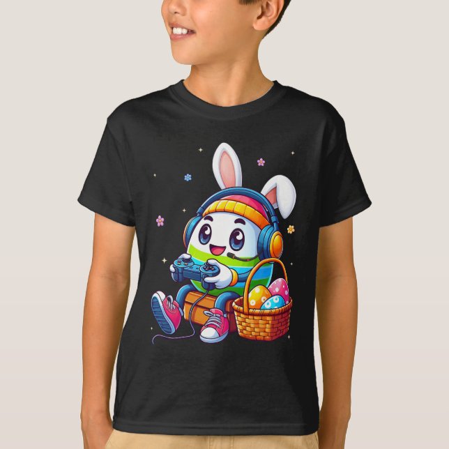 Camiseta Ovo de Páscoa Jogando Jogo de Vídeo para Rapazes G (Frente)