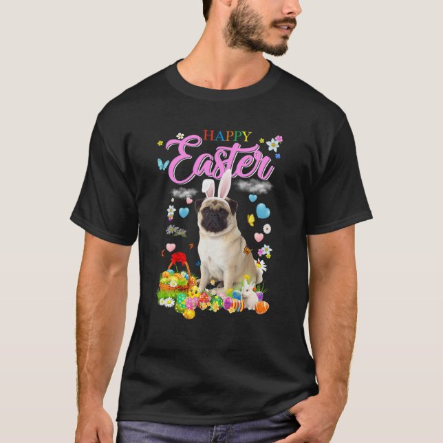 Camiseta Ovos de Felz pascoa de Cachorro Bunny Pug (Frente)